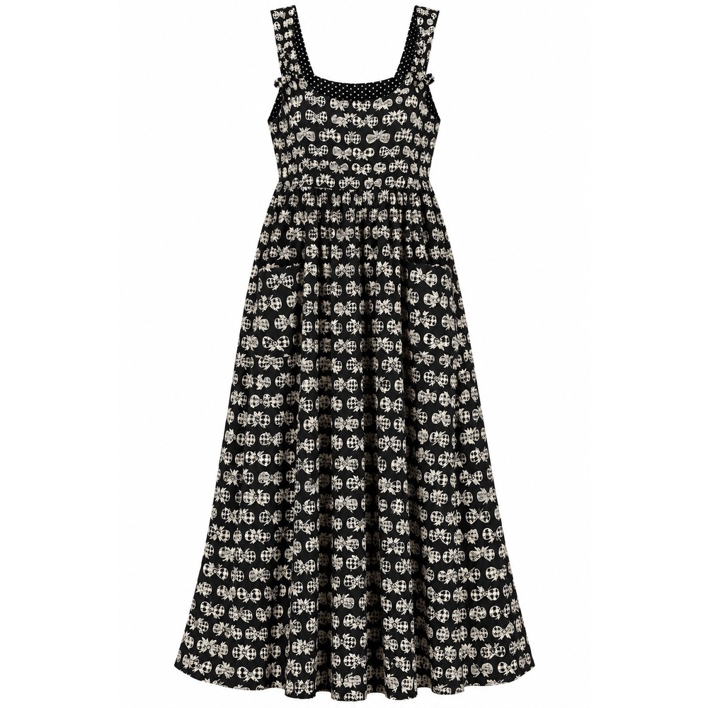 Romeo Romeo Vintage Black Bow Print Maxi Dress Polka Dot Trim 3X Coquette